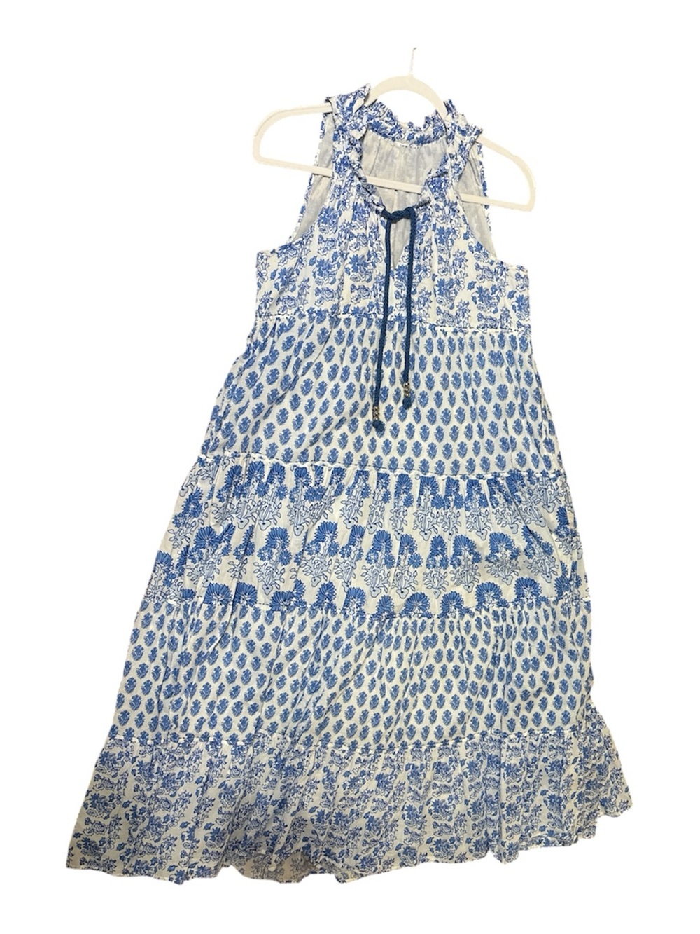 Calypso St. Barth Blue White Floral Block Print Tiered Maxi Dress Halter, Small - Picture 9 of 13
